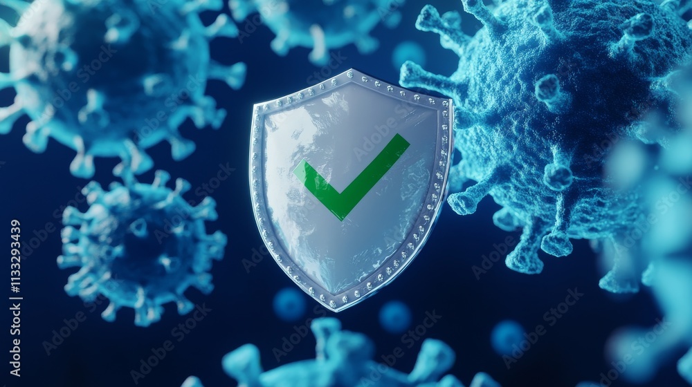 Poster a shining shield featuring a green checkmark is surrounded by magnified virus particles, symbolizing