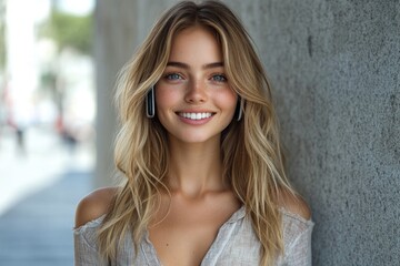 Obraz premium A beautiful young woman stands beside a wall, looking out at the viewer