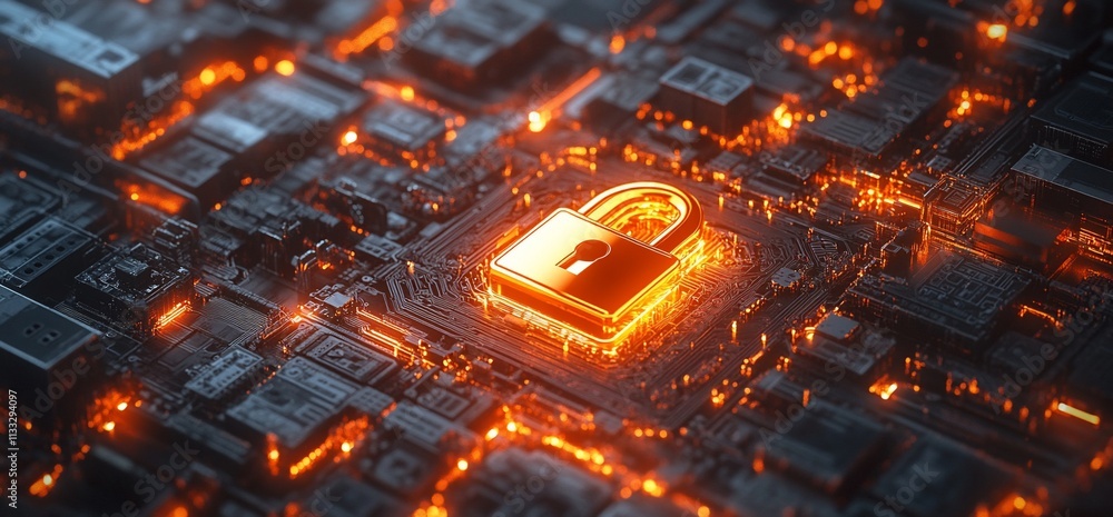 Aufkleber a glowing padlock symbol on a circuit board, representing cybersecurity and data protection.