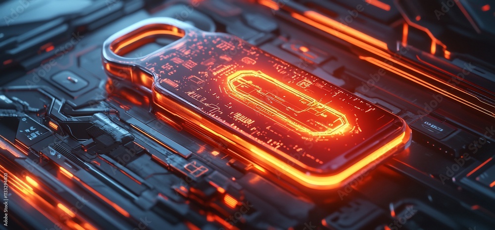 Poster a glowing lock resembling a circuit board on a futuristic background.