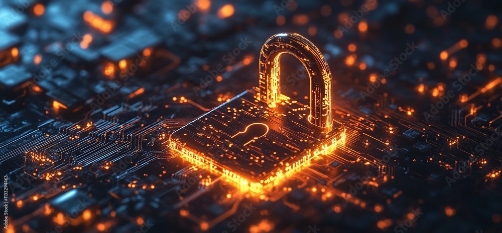 Poster a glowing padlock symbolizing cybersecurity on a digital circuit background.