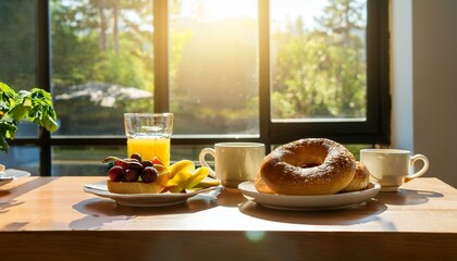 Indoor brunch table with sunlight shining through a glass window, buttered bagels and bowl of fresh fruit placed next to coffee cups