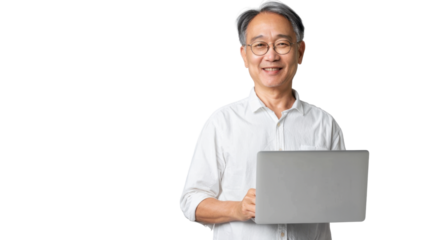 Portrait of asian senior man holding laptop on white background
