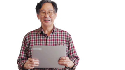 Portrait of asian senior man holding laptop on white background