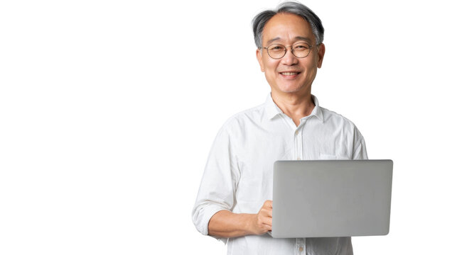 Portrait of asian senior man holding laptop on white background