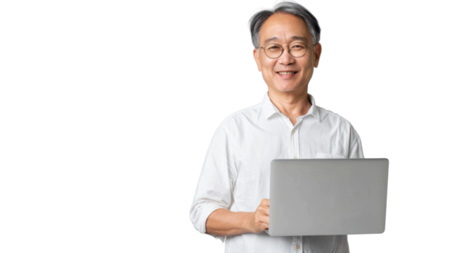 Portrait of asian senior man holding laptop on white background
 - Powered by Adobe