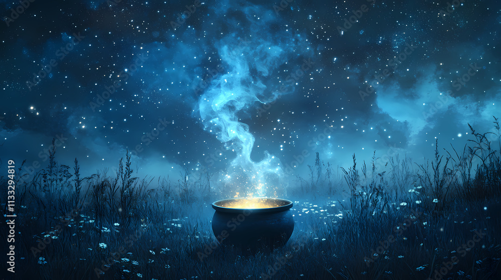 Wall mural A dark cauldron emits swirling smoke and glowing light in a serene meadow surrounded by tall grass beneath a vast twinkling starry sky. Meadow. Illustration