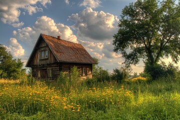 Obraz premium Cozy cottage surrounded by colorful blooms