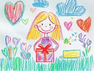 A cheerful girl stands in a vibrant field filled with colorful flowers and hearts, holding a wrapped gift. Fluffy clouds float above in a joyful, playful atmosphere, creating a sense of happiness