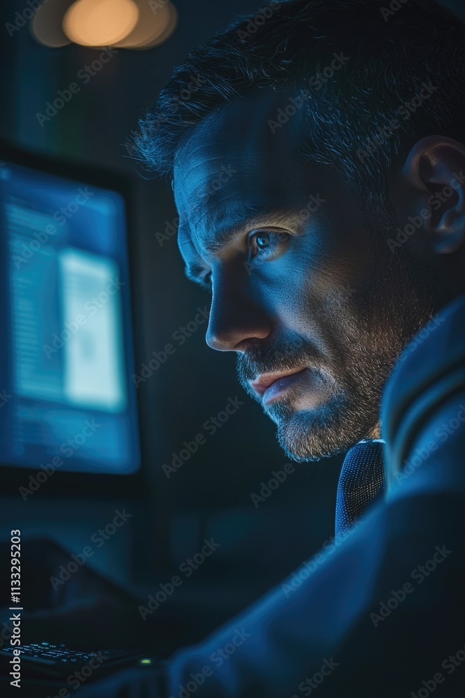Poster A person sitting in front of a computer screen