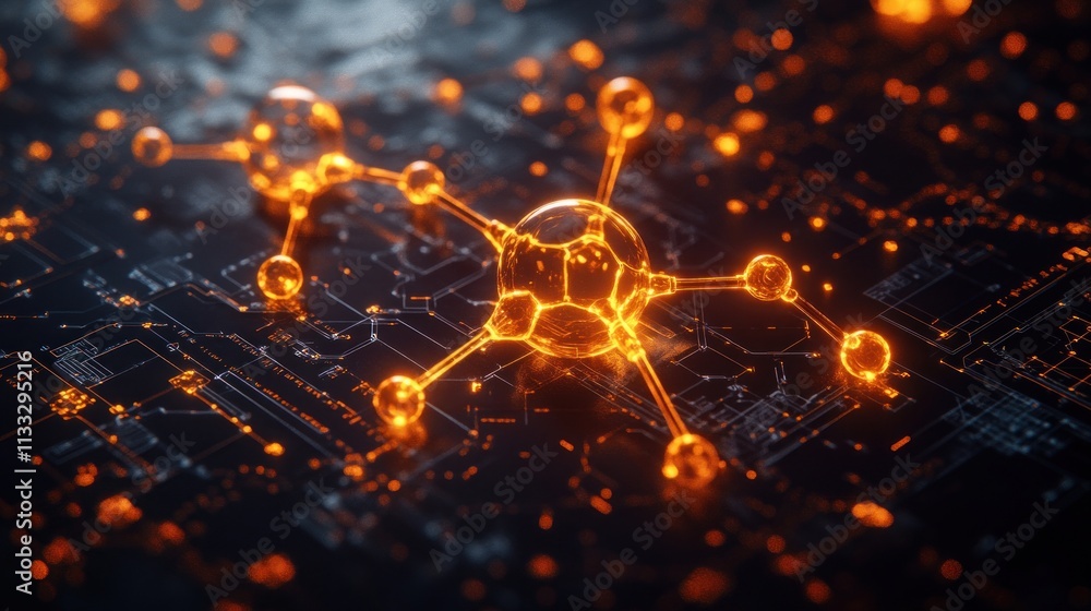 Aufkleber abstract representation of molecular structures on a digital circuit background.