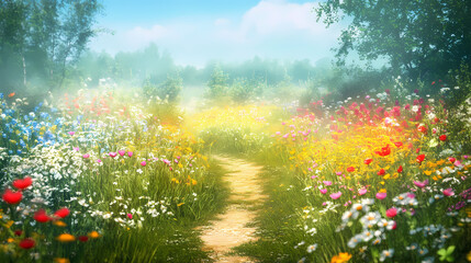Obraz premium A path leading through a flowering meadow picture. Meadow. Illustration