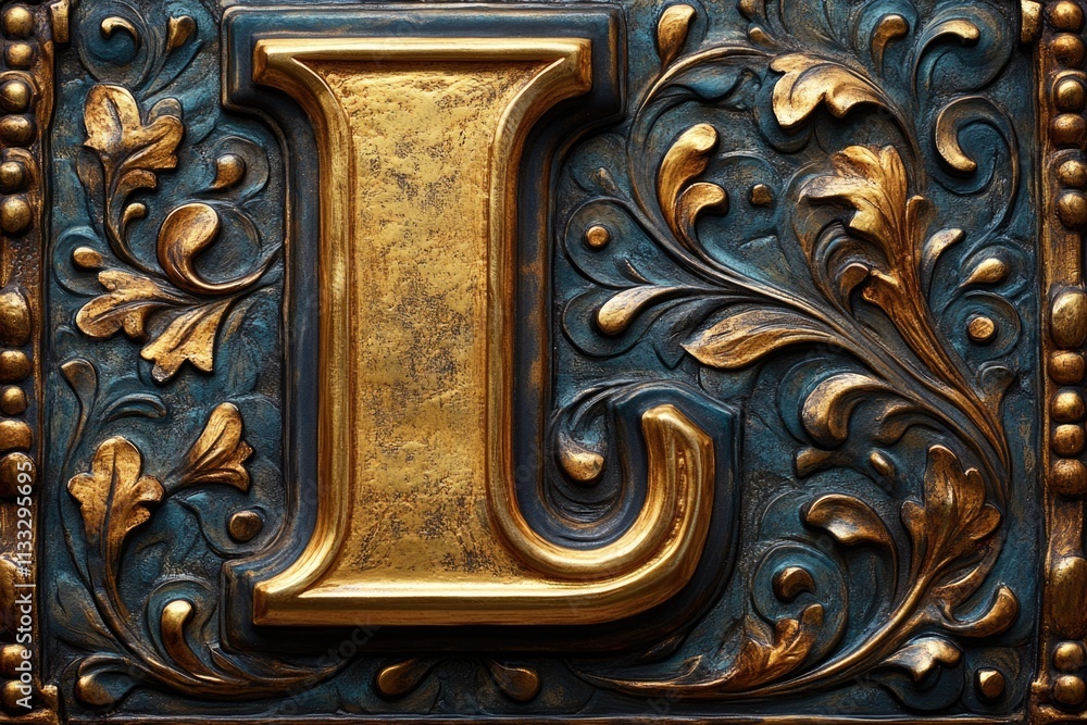 Poster a close-up shot of a golden letter on a bright blue background, perfect for use in designs and prese
