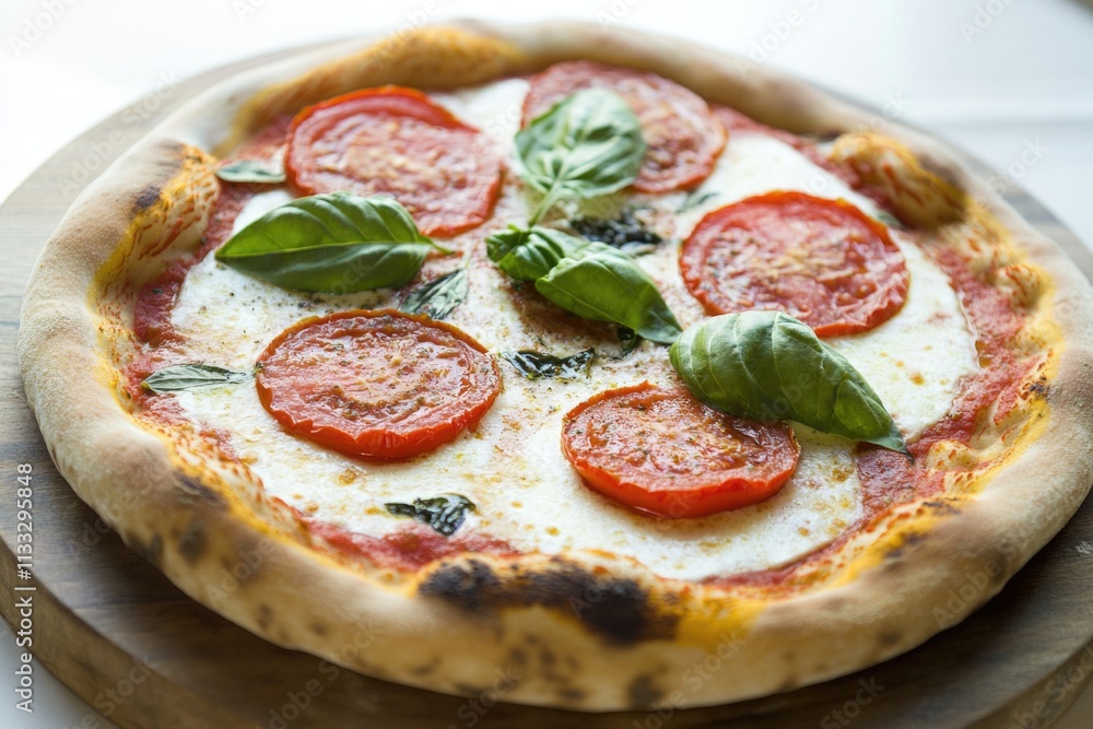 Poster a slice of pizza topped with fresh tomatoes and basil leaves