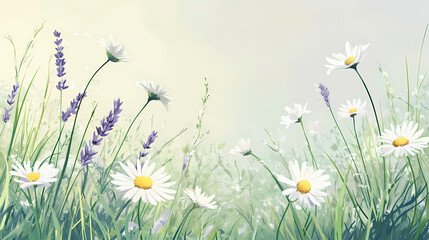 A serene wildflower meadow featuring lavender and chamomile, with daisies scattered across lush green grass. soft colors evoke peaceful and calming atmosphere. Meadow. Illustration