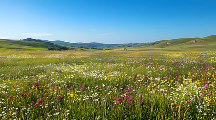 Fototapeta premium A vibrant green meadow with wildflowers in full bloom under a clear blue sky, with distant rolling hills in the background. Meadow. Illustration