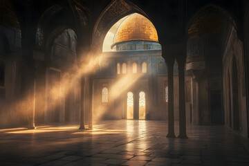 Fototapeta premium Sunlight streams through arches in ancient structure.