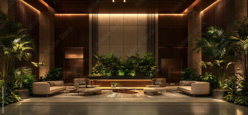 Poster a modern lobby featuring lush greenery and stylish seating for relaxation and social interaction.