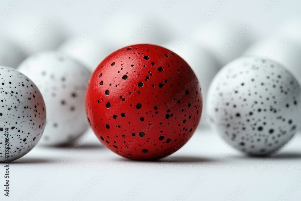 Poster a single red egg surrounded by multiple white eggs on a white surface, great for easter or spring-th