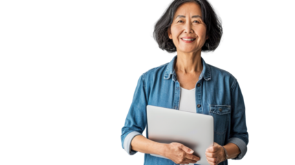 Portrait of american middle age  woman holding laptop on white background
