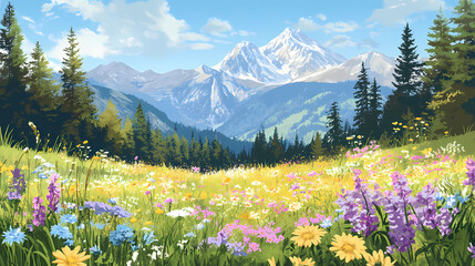 A vibrant meadow with colorful wildflowers and a mountain forest in the background. Meadow. Illustration