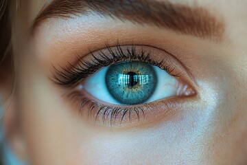 Obraz premium A close-up shot of a single blue eye with detailed eyelashes and iris