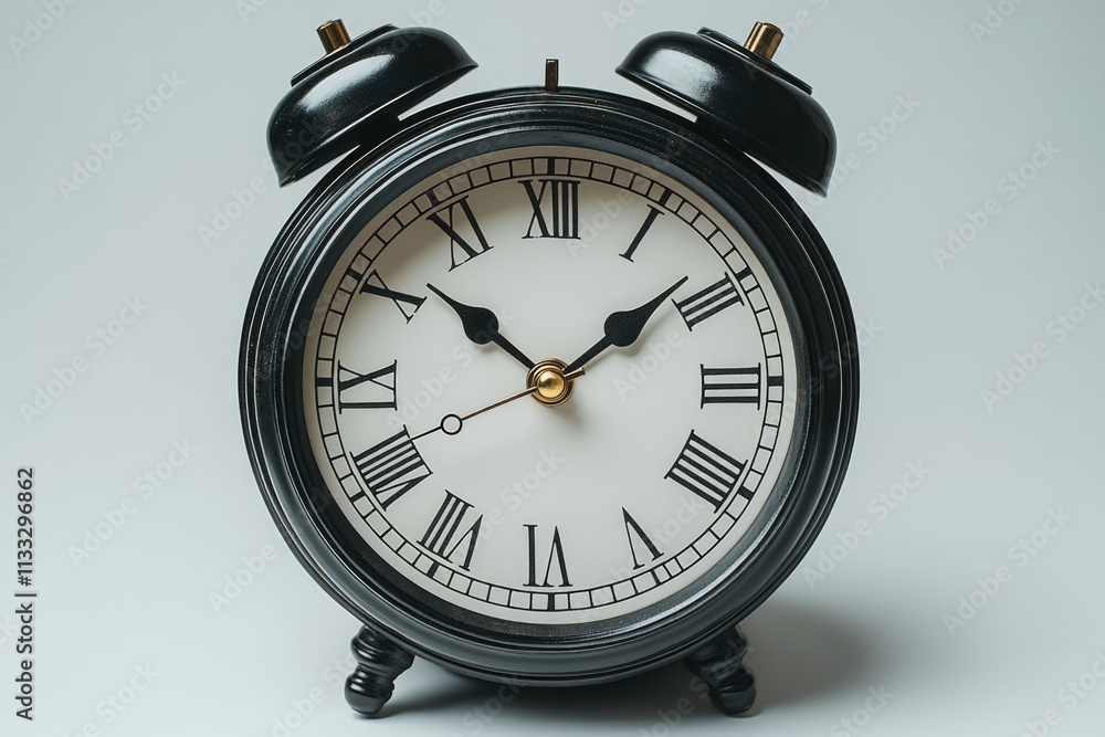 Poster a classic alarm clock with roman numerals on a simple white background, ideal for use in designs rel
