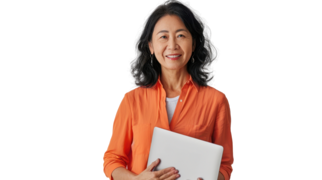 Portrait of american middle age  woman holding laptop on white background

