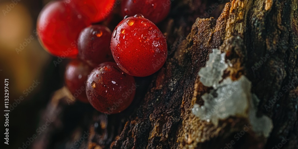 Poster a close-up shot of red berries growing on a tree branch, ideal for use in designs related to nature,