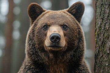 Fototapeta premium Wildlife image of a brown bear standing beside a tree in its natural habitat