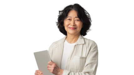 Portrait of american middle age  woman holding laptop on white background
