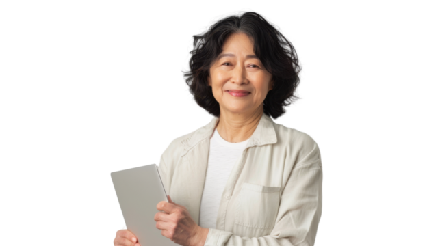 Portrait of american middle age  woman holding laptop on white background
