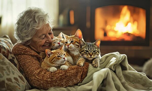 An elderly woman sits by a glowing fireplace, wrapped in warm blankets, cradling multiple cats lovingly in her arms. The cozy ambiance reflects pure serenity and affection.

