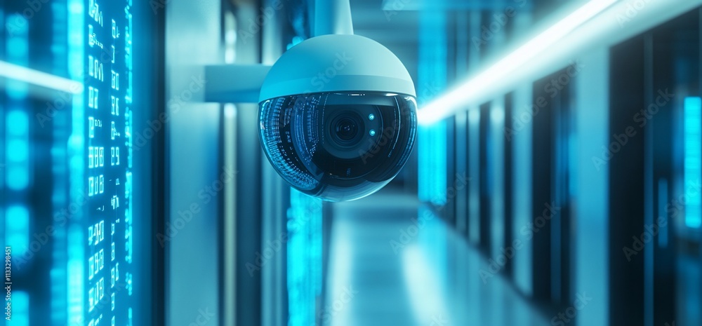 Poster A surveillance camera monitors a high-tech corridor with glowing data storage.