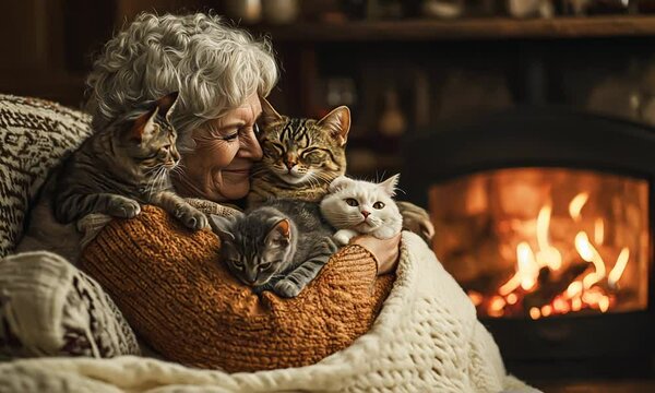 An elderly woman sits by a glowing fireplace, wrapped in warm blankets, cradling multiple cats lovingly in her arms. The cozy ambiance reflects pure serenity and affection.

