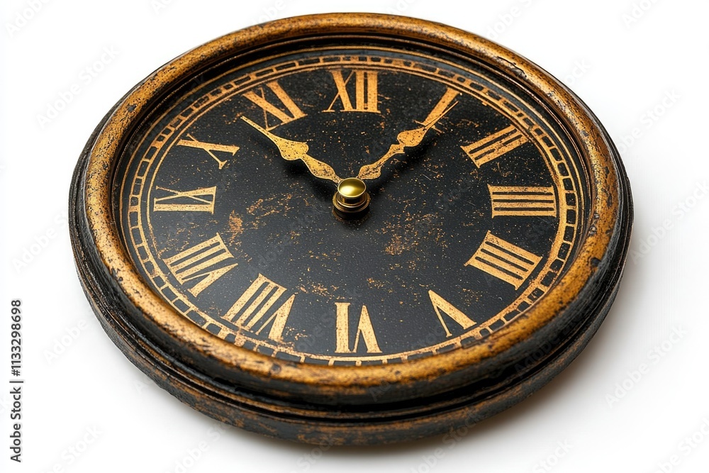 Poster a detailed view of an analog clock with roman numeral hour markers and minimalistic design