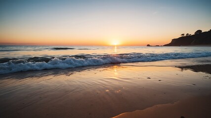 Fototapeta premium Golden Hour on the Beach with Peaceful Waters