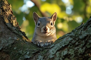 A squirrel sitting on top of a tree branch, looking out at the scenery