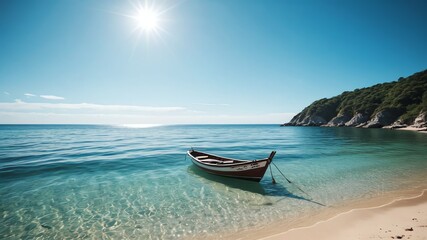 Fototapeta premium Tranquil Beach Paradise: White Sand, Clear Water, and a Small Vessel