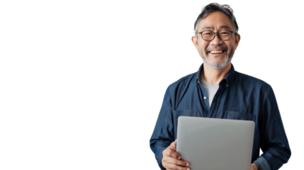 Portrait of american middle age  man holding laptop on white background
