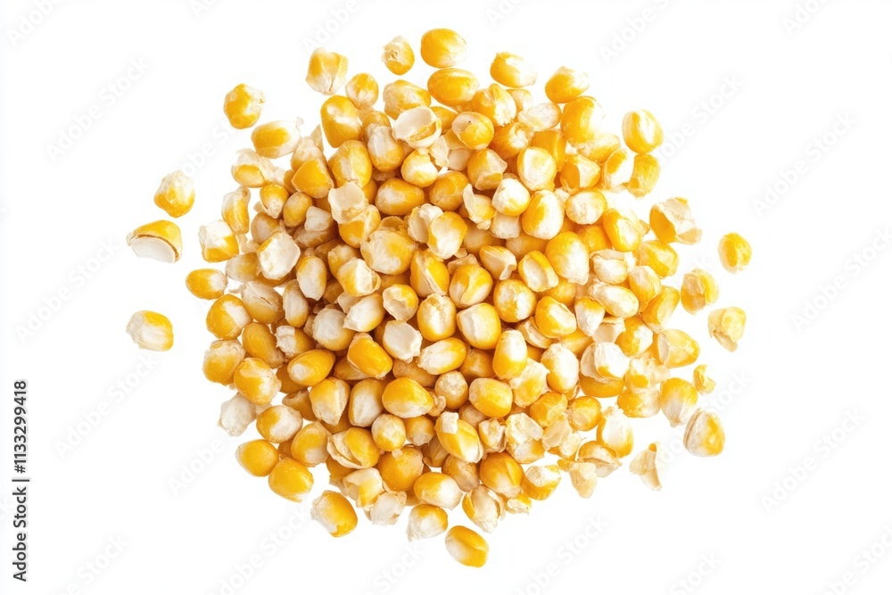 Poster a stack of fresh corn kernels on a white surface, ready for use or display