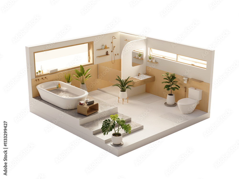 Poster isometric view bathroom open inside interior architecture 3d rendering