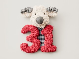 Fluffy sheep plush with number 31 in red and plaid fabric