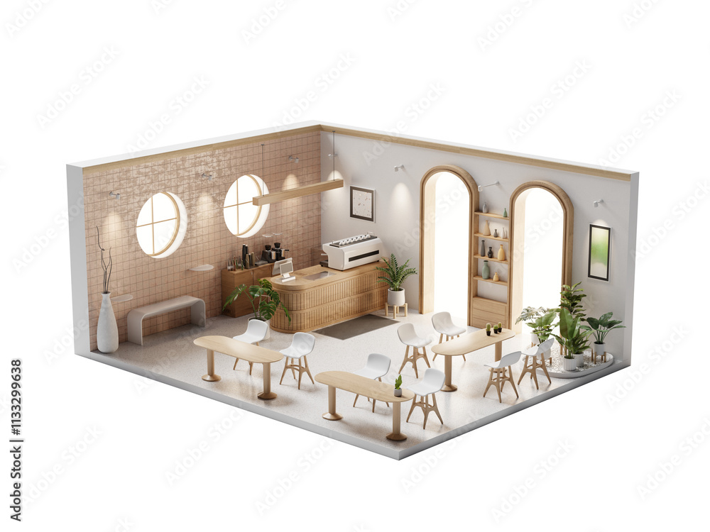 Aufkleber perspective room minimal cafe store open inside interior architecture 3d rendering digital art