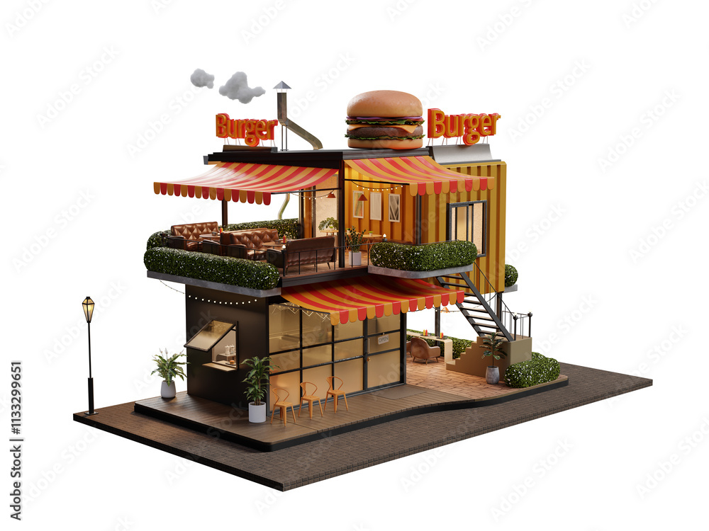 Poster perspective view minimal burger restaurant container store exterior architecture, 3d rendering digit