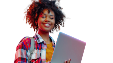 Portrait of african young happy woman holding laptop on white background