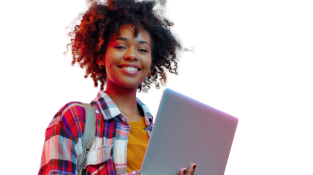 Portrait of african young happy woman holding laptop on white background