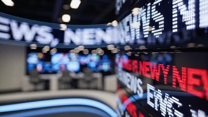 Breaking news updates from a modern newsroom with multiple screens and graphics displaying headlines