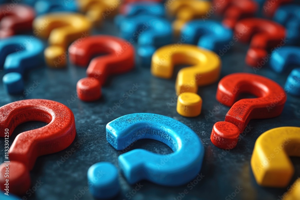 Poster a close-up of a table with a bunch of question marks