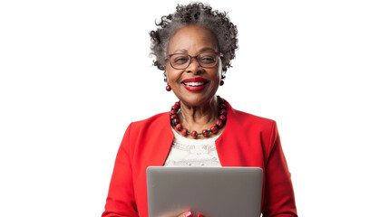 Portrait of american senior african woman holding laptop on white background